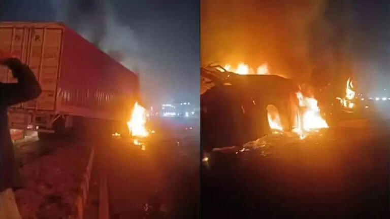 ಖಾಸಗಿ ಬಸ್–ಲಾರಿ ಅಪಘಾತ ; 9 ಜನ ಸಜೀವ ದಹನ.