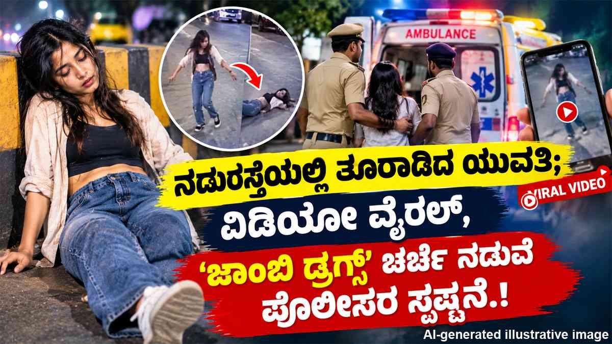 ನಡುರಸ್ತೆಯಲ್ಲಿ ತೂರಾಡಿದ ಯುವತಿ